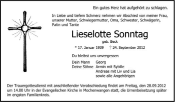 Anzeige von Lieselotte Sonntag von Schwäbische Zeitung