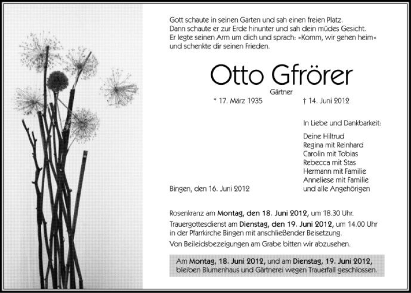  Traueranzeige für Otto Gfrörer vom 16.06.2012 aus Schwäbische Zeitung