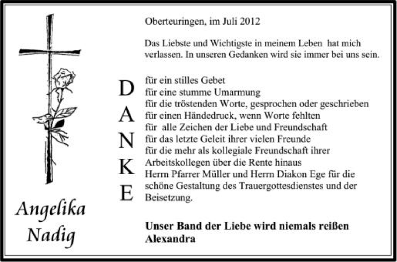  Traueranzeige für Angelika Nadig vom 13.07.2012 aus Schwäbische Zeitung