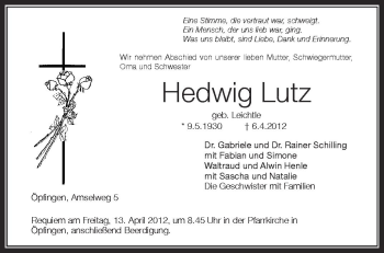 Anzeige von Hedwig Lutz von Schwäbische Zeitung
