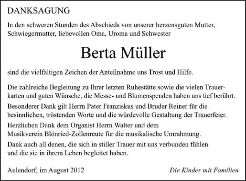  Traueranzeige für Berta Müller vom 17.08.2012 aus Schwäbische Zeitung