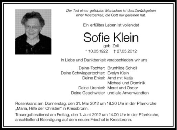 Anzeige von Sofie Klein von Schwäbische Zeitung