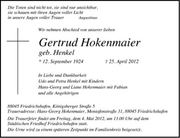 Anzeige von Gertrud Hokenmaier von Schwäbische Zeitung