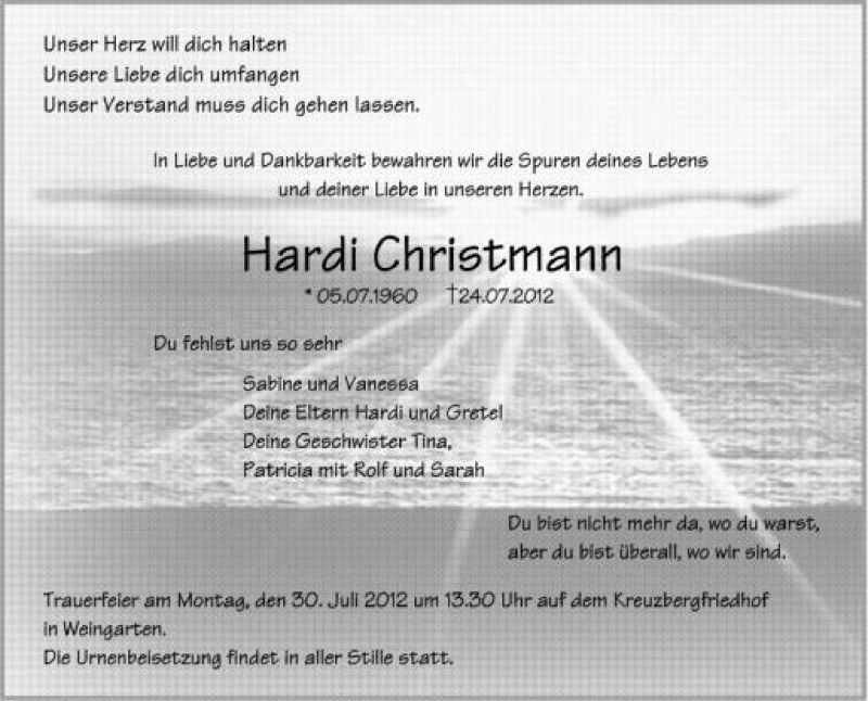  Traueranzeige für Hardi Christmann vom 27.07.2012 aus Schwäbische Zeitung