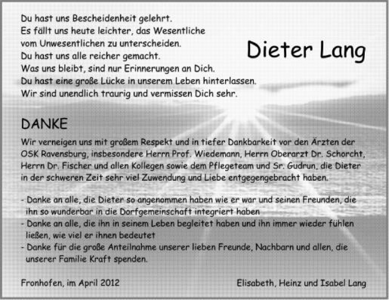  Traueranzeige für Dieter Lang vom 24.04.2012 aus Schwäbische Zeitung