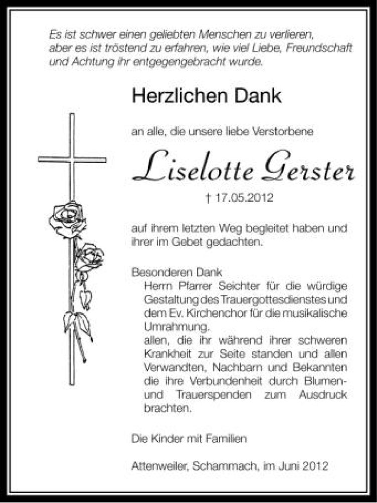  Traueranzeige für Liselotte Gerster vom 02.06.2012 aus Schwäbische Zeitung