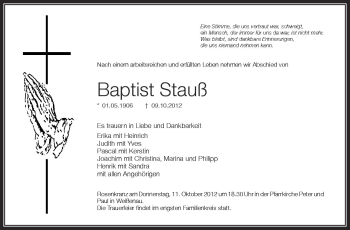 Anzeige von Baptist Stauß von Schwäbische Zeitung