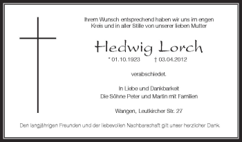 Anzeige von Hedwig Lorch von Schwäbische Zeitung