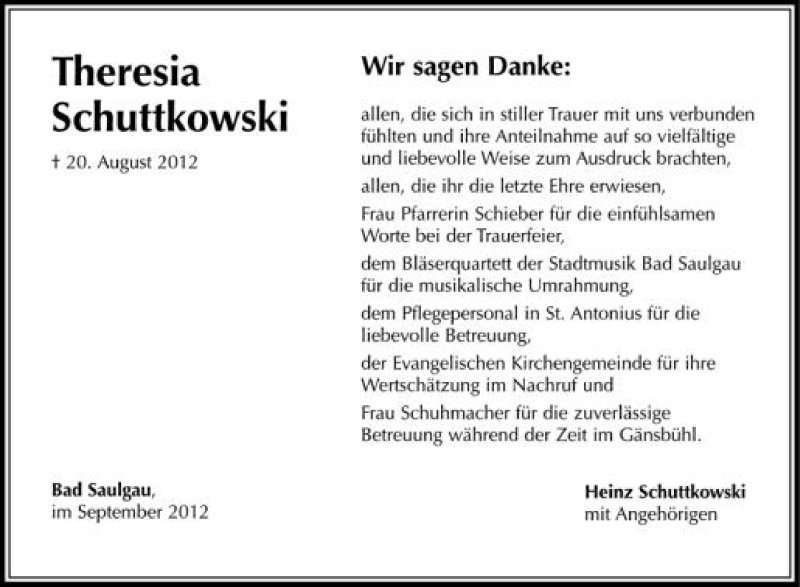  Traueranzeige für Theresia Schuttkowski vom 11.09.2012 aus Schwäbische Zeitung