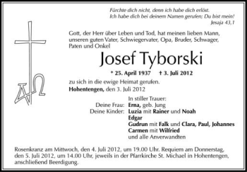 Anzeige von Josef Tyborski von Schwäbische Zeitung