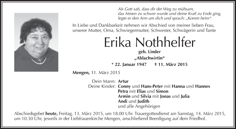  Traueranzeige für Erika Nothhelfer vom 13.03.2015 aus Schwäbische Zeitung