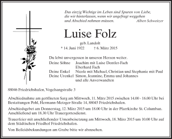 Anzeige von Luise Folz von Schwäbische Zeitung
