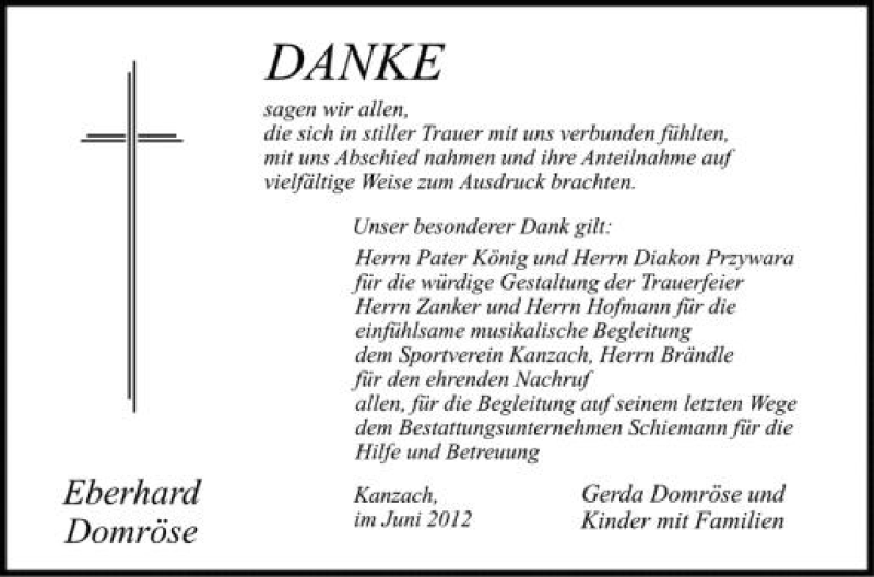  Traueranzeige für Eberhard Domröse vom 08.06.2012 aus Schwäbische Zeitung