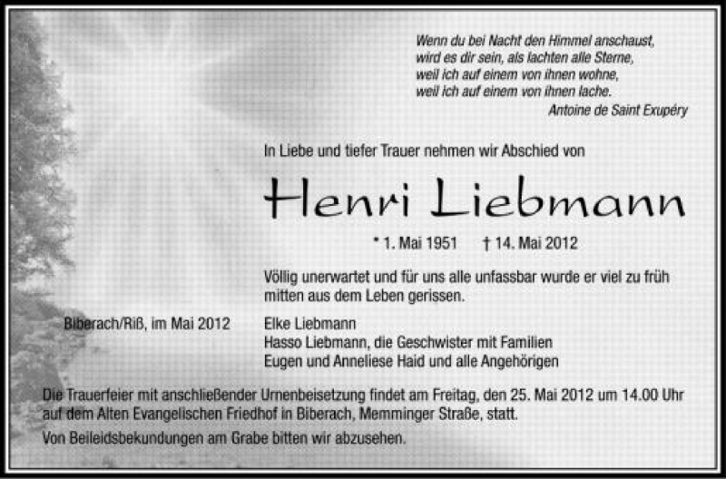  Traueranzeige für Henri Liebmann vom 22.05.2012 aus Schwäbische Zeitung
