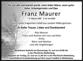 Anzeige von Franz Maurer von Schwäbische Zeitung