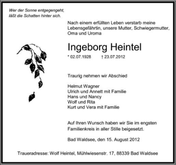 Anzeige von Ingeborg Heintel von Schwäbische Zeitung
