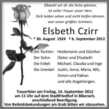 Anzeige von Elsbeth Czirr von Schwäbische Zeitung