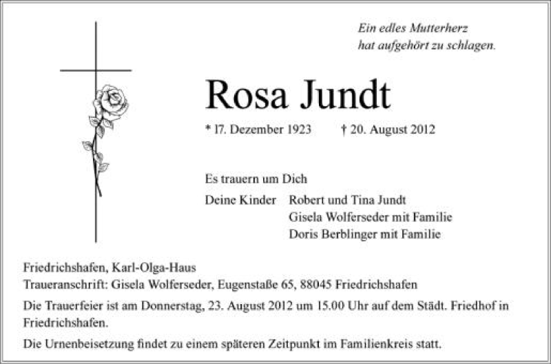  Traueranzeige für Roas Jundt vom 21.08.2012 aus Schwäbische Zeitung