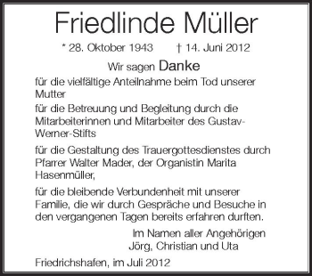 Anzeige von Friedlinde Müller von Schwäbische Zeitung
