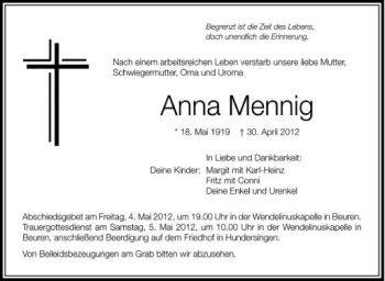 Anzeige von Anna Mennig von Schwäbische Zeitung