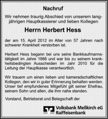 Anzeige von Herbert Hess von Schwäbische Zeitung