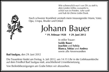 Anzeige von Johann Bauer von Schwäbische Zeitung