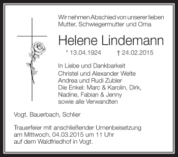 Anzeige von Helene Lindemann von Schwäbische Zeitung