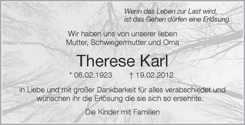  Traueranzeige für Therese Karl vom 21.02.2012 aus Schwäbische Zeitung