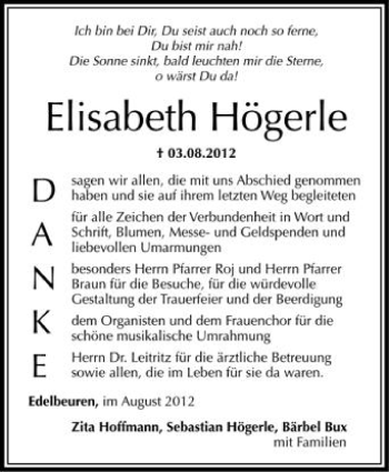 Anzeige von Elisabeth Högerle von Schwäbische Zeitung