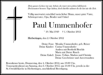 Anzeige von Paul Ummenhofer von Schwäbische Zeitung