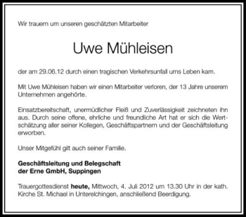 Anzeige von Uwe Mühleisen von Schwäbische Zeitung