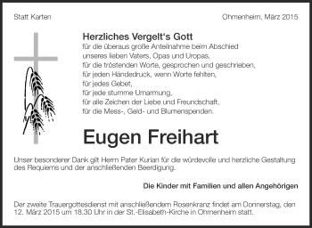 Anzeige von Eugen Freihart von Schwäbische Zeitung