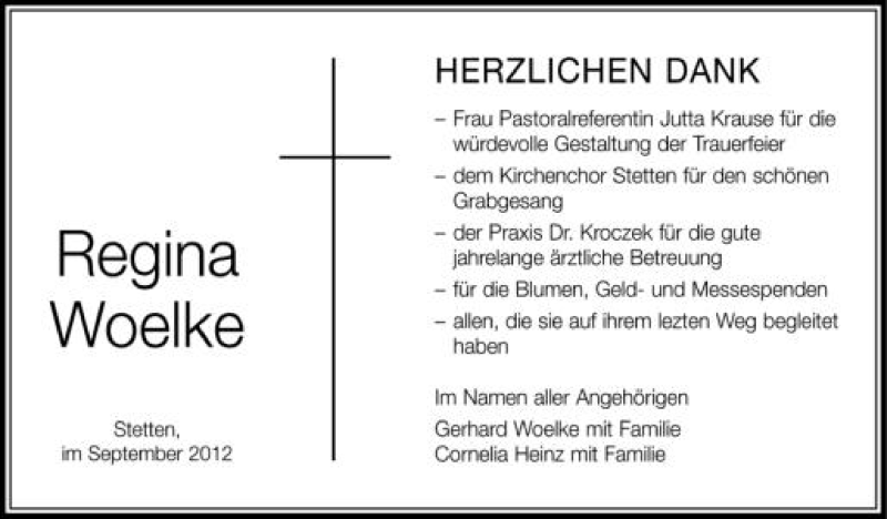  Traueranzeige für Regina Woelke vom 09.10.2012 aus Schwäbische Zeitung