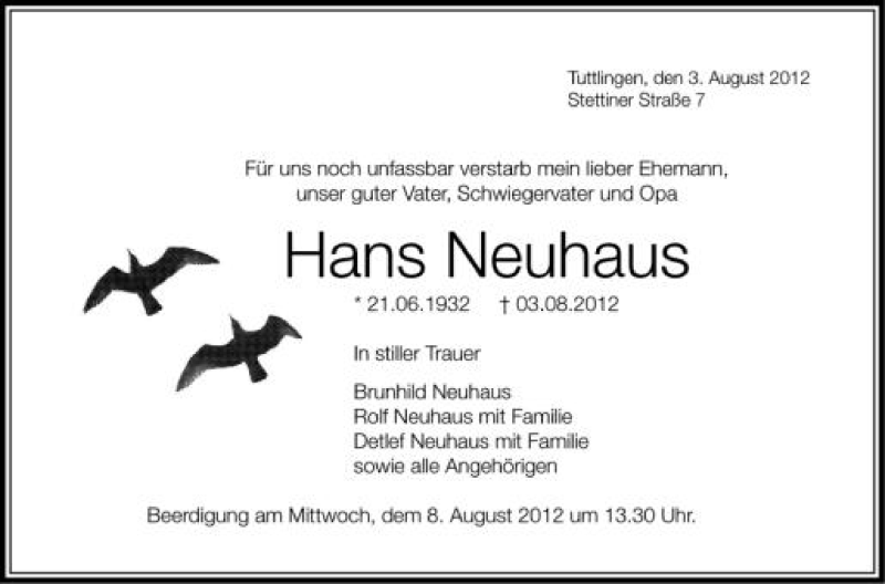  Traueranzeige für Hans Neuhaus vom 07.08.2012 aus Schwäbische Zeitung