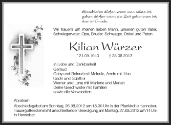 Anzeige von Kilian Würzer von Schwäbische Zeitung