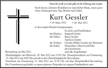 Anzeige von Kurt Gessler von Schwäbische Zeitung