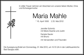 Anzeige von Maria Mahle von Schwäbische Zeitung