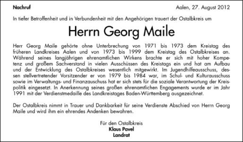  Traueranzeige für Georg Maile vom 27.08.2012 aus Schwäbische Zeitung