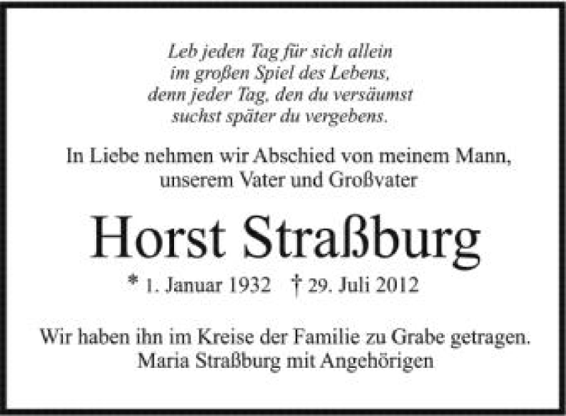  Traueranzeige für Horst Straßburg vom 07.08.2012 aus Schwäbische Zeitung