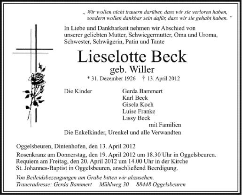  Traueranzeige für Lieselotte Beck vom 18.04.2012 aus Schwäbische Zeitung