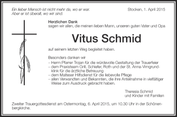Anzeige von Vitus Schmid von Schwäbische Zeitung