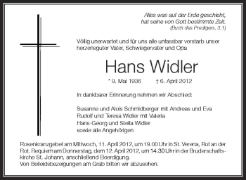 Anzeige von Hans Widler von Schwäbische Zeitung