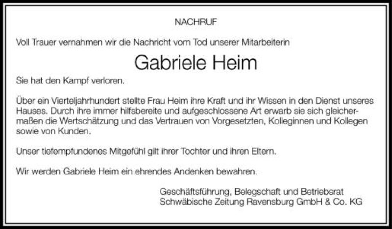  Traueranzeige für Gabriele Heim vom 13.06.2012 aus Schwäbische Zeitung