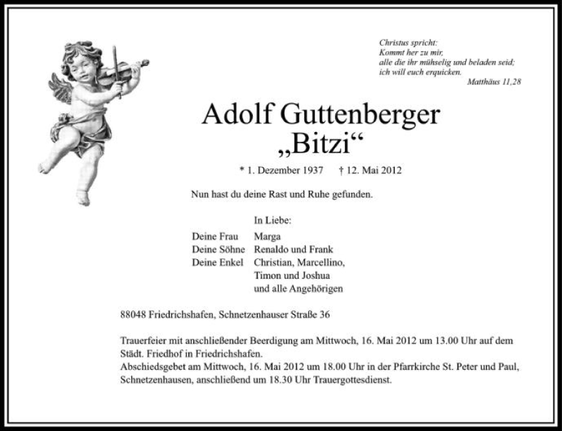  Traueranzeige für Adolf Guttenberg vom 14.05.2012 aus Schwäbische Zeitung