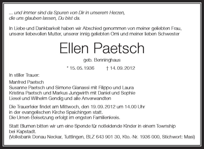  Traueranzeige für Ellen Paetsch vom 17.09.2012 aus Schwäbische Zeitung