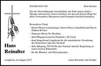 Anzeige von Hans Reinalter von Schwäbische Zeitung