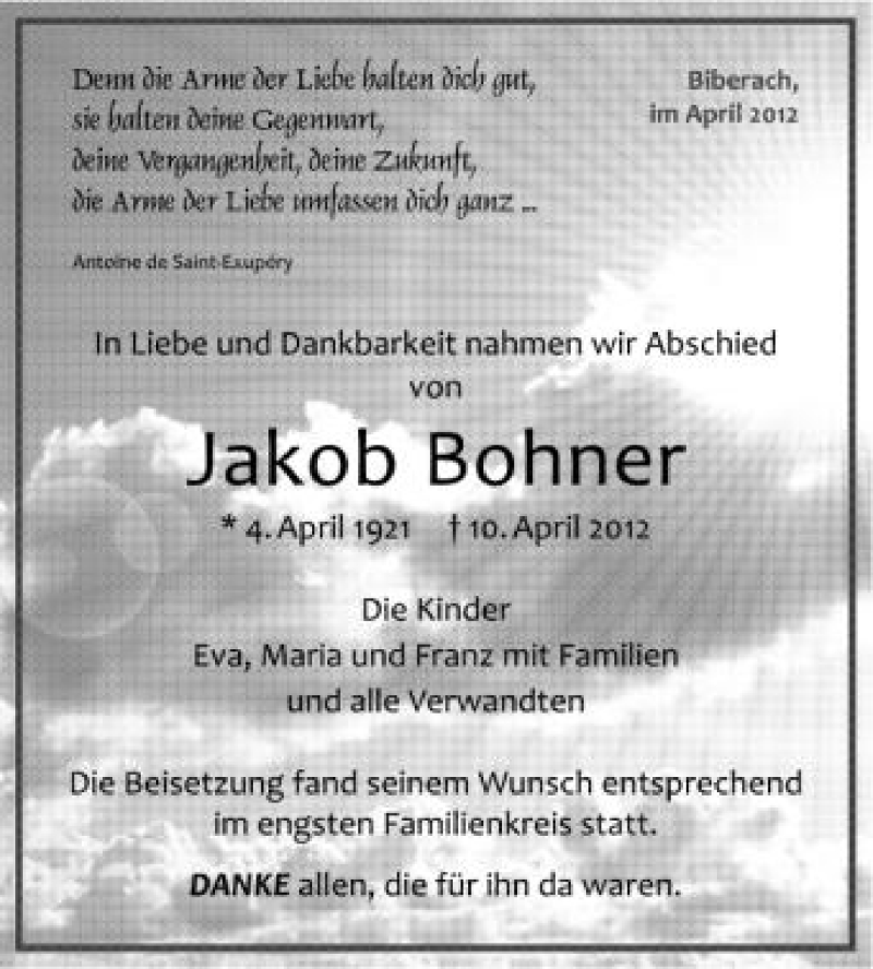  Traueranzeige für Jakob Bohner vom 18.04.2012 aus Schwäbische Zeitung