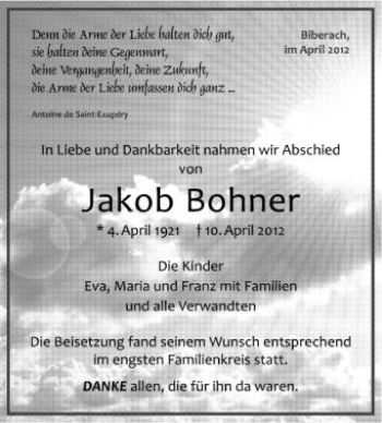 Anzeige von Jakob Bohner von Schwäbische Zeitung