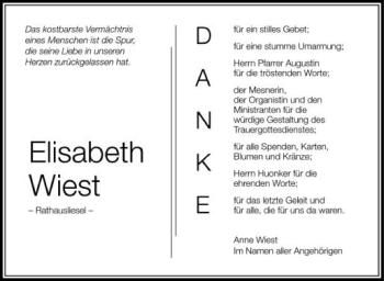Anzeige von Elisabeth Wiest von Schwäbische Zeitung