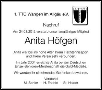 Anzeige von Anita Höfgen von Schwäbische Zeitung